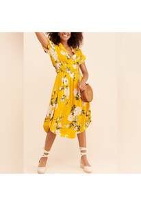 Current Air Marigold V Neck Japanese Floral Canary Midi Dress